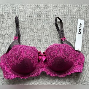 NWT DKNY 452174 Seductive Lights Balconette Lace Bra 32B magenta & coffee gray